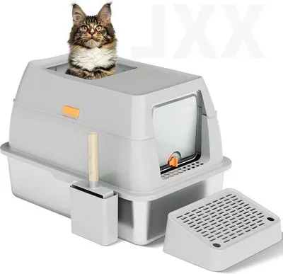 Produktbild von Famanu Katzenstreu mit Deckel - Edelstahl - hohe Rand - abnehmbares Sandfilterpedal - Schaufel - hellgrau - 60,8 cm x 40,8 cm x 40,8 cm