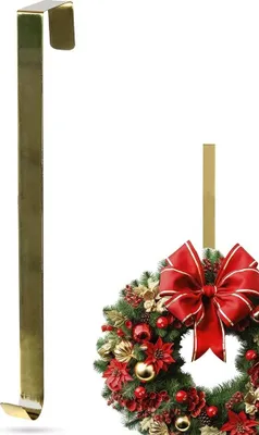 A gold metal wreath hanger is shown next to a Christmas wreath.