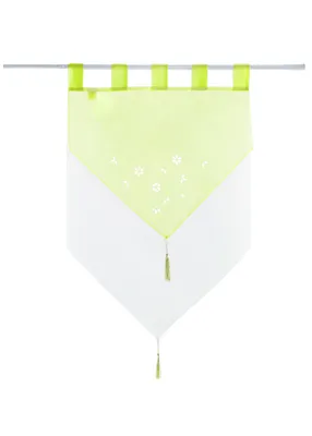 A decorative window valance hanging from a rod.