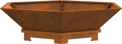 A hexagonal fire pit made of Corten steel, shown from a side-front angle against a white background.