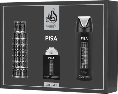 A gift set box containing perfume bottles and a spray can, all designed with a Pisa tower motif.