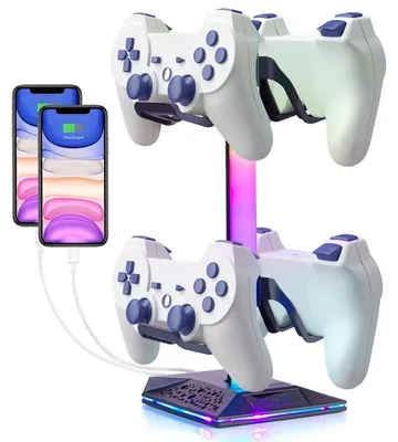 Produktbild von Kopfhörerhalter Gamecontroller-Ständer RGB-Beleuchtung - 10 Lichtmodi - 2 USB-Anschlüsse - Schwarz - 28,5 x 11 x 11 cm