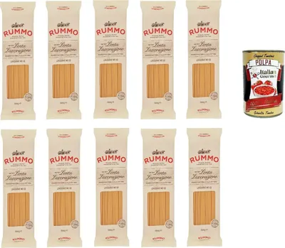 Produktbild von Rummo Linguine N° 13 Pasta Lenta Lavorazione Teigwaren aus Hartweizengrieß Bronze-Zeichnung 10x 500g + Italian Gourmet polpa 400g