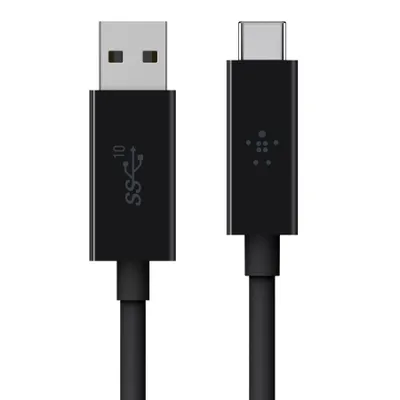A black USB-C to USB-A cable with connectors shown against a white background.