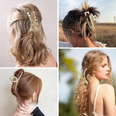 Produktbild von 3 Stück große metallische Haarklauenclips - starker Halt - Haaraccessoires für Frauen und Mädchen - goldene Perle