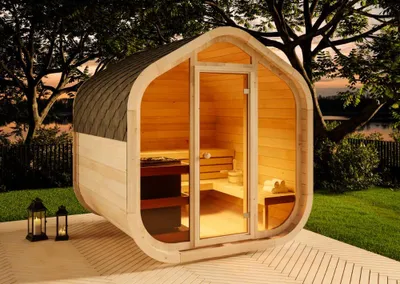 Produktbild von FinnTherm Fasssauna ScandiCube Wave Comfortissimo, Outdoor Sauna mit Glasfront, Gartensauna - Naturbelassen