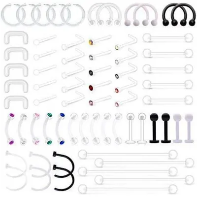 Produktbild von Piercing Retainer Set 68 Stück Klar Flexibel Bioflex Acryl Mix Stile 14G 16G 18G 20G
