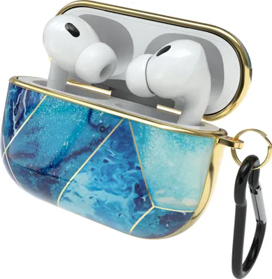 Produktbild von EAZY CASE - Schutzhülle für AirPods Pro 2 Hülle Blau Hard Case Stoßfest mit Karabiner geeignet als Schlüsselanhänger Antikratz Etui rutschfest Hardcase für Airpod Pro 2. Generation in Hellblau Marmor