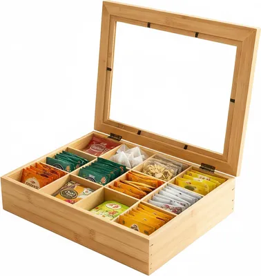Immagine prodotto di Contenitore per tè con 12 scomparti - Scatola portaoggetti in bambù con finestra - 9x28x23 cm - Colore naturale