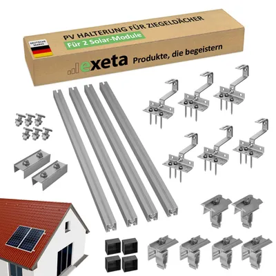 Produktbild von exeta Solar Halterung Ziegeldach I Set für 2 PV Module 30-40mm I Solarmodul Halterung Balkonkraftwerk I Solarmodulbefestigungsset für Ziegeldächer