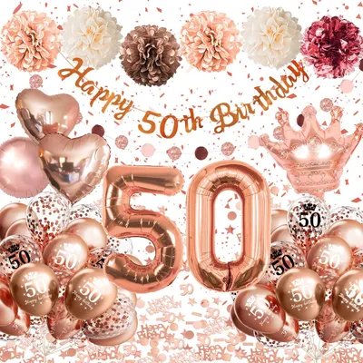 Obrázek produktu pro Dekorace na 50. narozeniny, růžové zlato, fóliové balónky, konfety, banner "Happy Birthday", party dekorace
