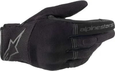 A black Alpinestars motorcycle glove shown from a side angle against a white background.