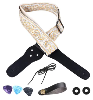 Produktbild von Gitarrengurt mit Stickerei, verbreiterter, verstellbarer Schultergurt mit Plektren für Akustikgitarre, E-Gitarre und Bass, Gold