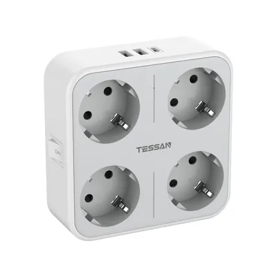 Imagen del producto de TESSAN Regleta de Enchufes 7 en 1 para España, 4 Tomas AC Schuko Tipo F y 3 USB, Protección Sobrecarga, Casa y Oficina