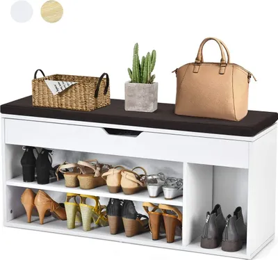 Produktbild von Schuhbank Sitzbank Holz, Schuhschrank mit abnehmbare Sitzfläche, 2 Schuhablage & Stauraum, Schuhregal Schuhtruhe Mehrzweck Standregal für Flur Wohnzimmer Schlafzimmer, 103,5x48x30cm