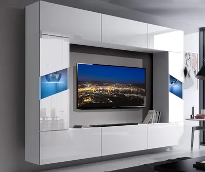 Produktbild von Furnitech Wohnwand Wohnzimmer - Wohnzimmer Möbel mit LED Weiß - Hängend Wohnwand Modern - Regale und TV Schrank (IS 8 S8-HG-W-2-1)