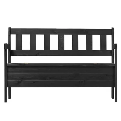 A black wooden garden bench with a slatted backrest and a storage compartment.