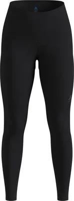 Schwarze Odlo Zeroweight Warm Radtights mit hohem Bund und Logo auf dem linken Oberschenkel