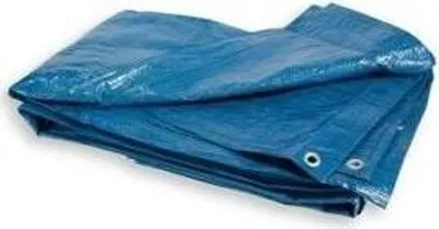 A folded blue tarp is shown against a white background.