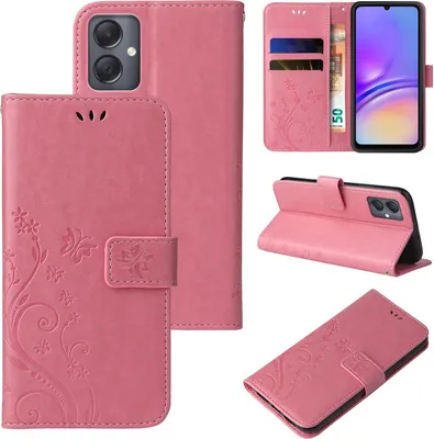 Produktbild von Handyhülle für Samsung Galaxy A05 Floral Blumen Schmetterling Flip Cover Hülle Case Klapphülle Handytasche Farbe: Rosegold