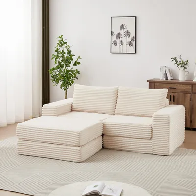 Produktbild von Corduroy-2-in-1-Schlafsofa,mit zwei Kissen, klassischen quadratischen Armlehnen, abnehmbarem Hocker, modulares Sofa mit flexibler Konfiguration,Beige