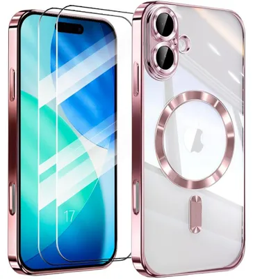 Image de Coque + 2 Verres Trempés pour iPhone 17, Protection Transparente avec Cercle Magnétique Contour Rose
