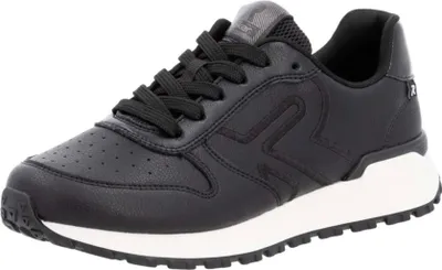 A black sneaker with a white sole is shown from a side angle against a white background.