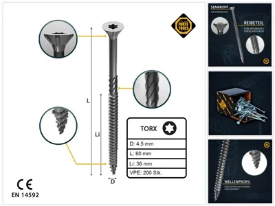 Produktbild von FORTE Tools Universal Holzschraube 4,5 x 60 mm T20 200 Stk. ( 000040113875 ) silber verzinkt Torx Senkkopf Teilgewinde
