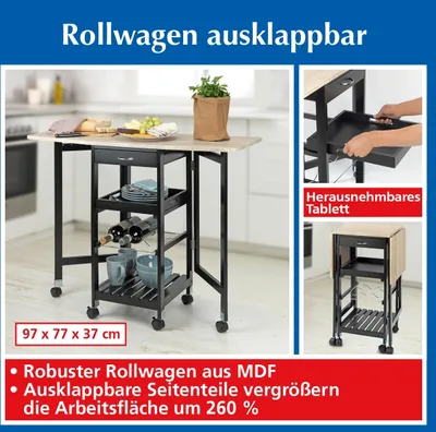 Productafbeelding van Keukenwagen op wielen, 37 x 97 x 77 cm, zwart
