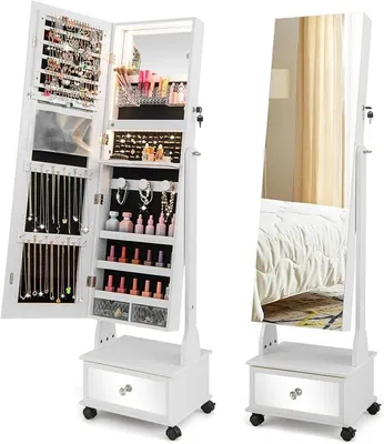 Imagen del producto de Cajonera con espejo, armario con espejo con cerradura, iluminación LED y cajón, y espacio de almacenamiento con ruedas para joyas (blanco)