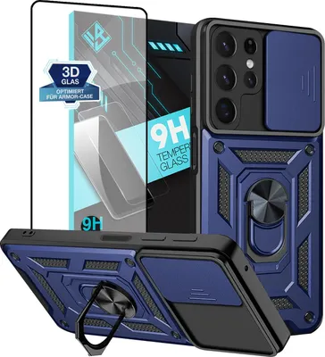Produktbild von Armor Handyhülle für Samsung Galaxy S22 Ultra mit 9H Displayglas Displayschutz Kameraschutz Handy Panzer Case Cover Schutzhülle Outdoor Farbe: Blau