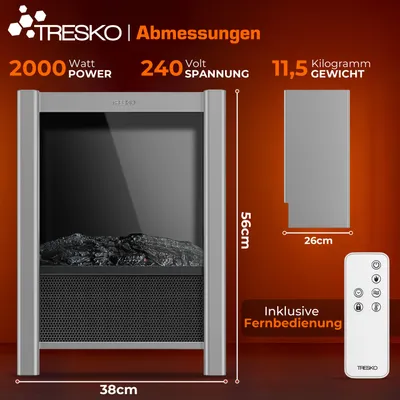 Produktbild von TRESKO® Elektrokamin mit Heizung & Fernbedienung 2000W, WiFi App | Kamin elektrisch LED-Flammeneffekt & LCD-Display | Kaminfeuer mit Thermostat, Timer | Elektro Kaminofen Standkamin Heizlüfter