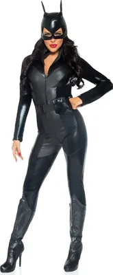 A woman wearing a black cat-themed superhero costume.