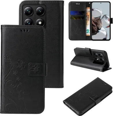 Collage of a black floral embossed flip phone case for a Xiaomi 14T, showing different angles and views.