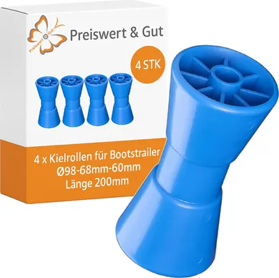 Produktbild von 4 x Kielrolle für Bootstrailer – 200mm Länge, Bohrung 22mm, Blau, Polyethylen, idealer Schutz beim Slippen für Boote und Anhänger