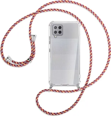 Produktbild von Handykette Backcover-Schutzhülle mit Band (Metall silberfarben) für Samsung Galaxy A42 5G - weinrot/gelb/grau