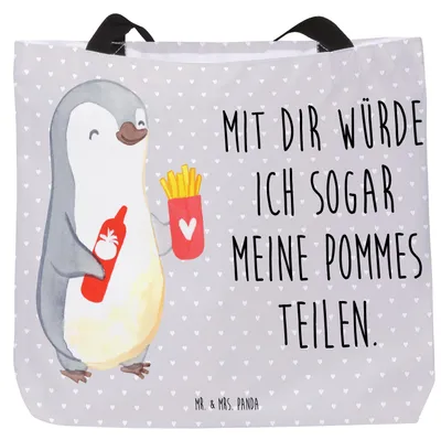 Produktbild von Mr. & Mrs. Panda Tote Bag Pinguin Pommes - Grau Pastell - Geschenk, Liebesgeschenk, Laptoptasche, Hochzeitstag, für Frauen, Valentinstag, Freundin, Tasche, Strandtasche