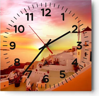 Produktbild von Wanduhr - Quadrat - Glasuhr - Santorini Griechenland Urlaub - 40x40cm - Schleichendes Uhrwerk - Lautlos - zum Aufhängen bereit - Dekoration Modern - Wanddekoration aus Glas - C4AC40x40-2691