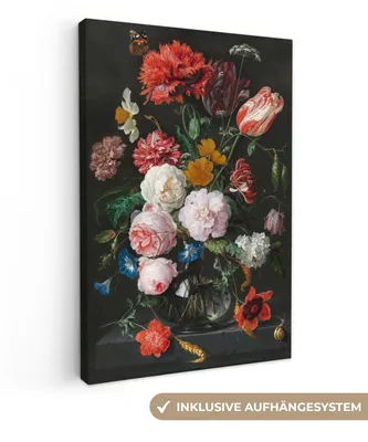 Produktbild von MuchoWow® - Leinwandbilder - Stilleben mit Blumen in einer Glasvase - Gemälde von Jan Davidsz. de Heem, Wandbild, Wanddeko Bilder Wohnzimmer, 60x90 cm