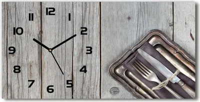 Produktbild von Wanduhr aus Glas – 60x30 cm - Glasbild - Glasuhr - Gehärtetes Glas - schwarze-zeiger - Besteck auf Brettern
