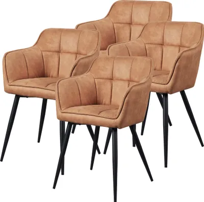 Four brown upholstered dining chairs with black metal legs are arranged on a white background.