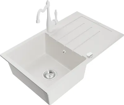 Produktbild von Mexen Bruno 1 Becken-Granitspüle mit Abtropffläche und Mischbatterie Carla, Weiß - 6513-20-670700-20