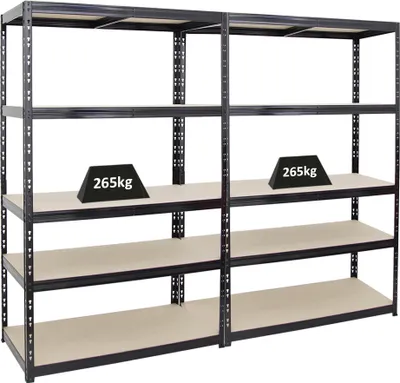 Produktbild von Mega Deal | 2x Schwerlastregal Giant Tiger | HxBxT 200x120x60cm | Fachlast 265kg | 5-Ebenen | Schwarz | Garagenregal, Lagerregal, Steckregal, Kellerregal, Werkstattregal