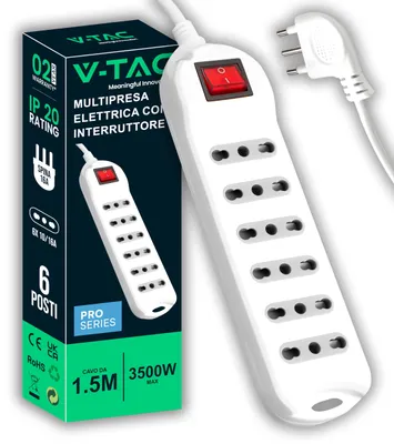 Image de Multiprise V-TAC gain de place avec 6 prises, interrupteur et câble de 1,5 mètre