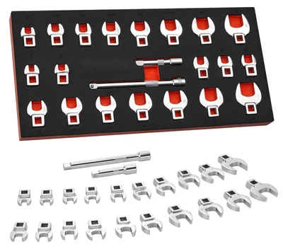 Produktbild von Hahnenfußschlüsselsatz - 22-tlg. Gabelschlüssel Set - 0,95 cm Antrieb - Metrische & Zollgrößen - Cr-Mo-Legierungsstahl - Größenmarkierung - Für Kfz-Wartung & Reparatur