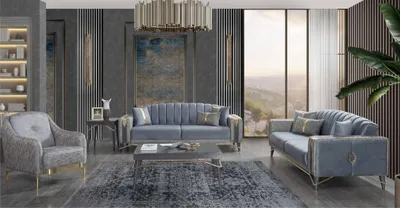 Produktbild von Graue Polster Sofagarnitur Wohnzimmer 3-Sitzer Textil Sessel