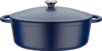 Produktbild von Gsw Gusseisen Bräter Oval Blue Magic, 33x26 cm, 6.4 L, mattblau/cremeweiß, emailliert, spülmaschinengeeignet, alle Herdarten (Induktion), backofenfest 240°C, 2-teilig mit Dunstzapfen im Deckel