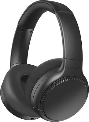 A black pair of Panasonic headphones is shown from a front-side angle against a white background.