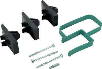 A set of fixing accessories for drywall installation, including black plastic brackets, a green metal bracket, and screws, laid out on a white background.