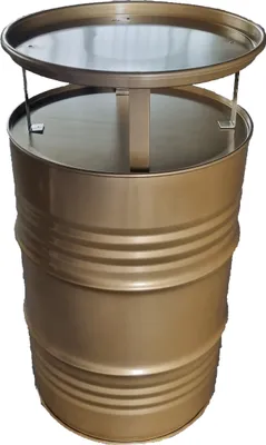A gold barrel-shaped table with a circular top.